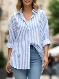1 piece of women's four-season blue and white vertical striped lapel single-breasted buttoned rolled sleeves loose flesh-covering mid-length long-sleeved Casual shirt, suitable for office, vacation, home, daily wear, festivals, four seasons