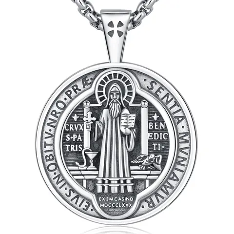 DRINSPER 925 Sterling Silver San Benito Medal Necklace - Christian Talisman, Religious Pendant, Exorcism Protection Cross Amulet, Jewelry for Women, Necklaces Gift