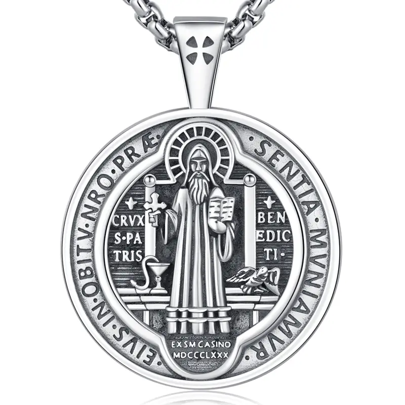 DRINSPER 925 Sterling Silver San Benito Medal Necklace - Christian Talisman, Religious Pendant, Exorcism Protection Cross Amulet, Jewelry for Women, Necklaces Gift