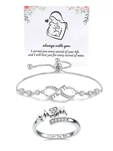 Mother's Day Mother's Memorial Ring, heart-shaped mom cubic zirconia inlay, infinity love heart bracelet set, Inspirational Jewelry, adjustable infinity bracelet suitable for women, suitable as a gift for Mother's Day