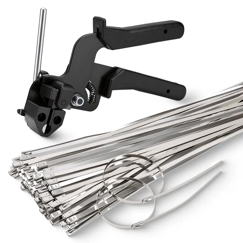 GJANSH Metal Zip Ties with Stainless Steel Cable Tie Gun, Special Tool For Fastening and Cutting Steel Zip Ties, 100pcs 11.8in Uv Resistant chain link fence Parts For Fence Exhaust Pipe Outdoor,