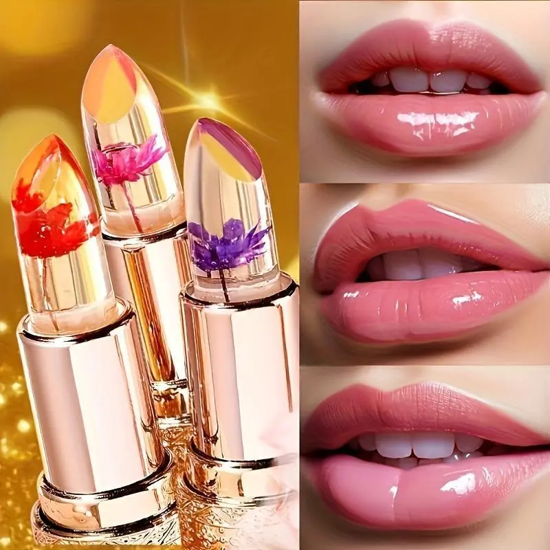 Color Changing Crystal Flower Lipstick Set– Jelly Lip Balm with Real Flowers, Temperature-Activated Tint,Glossy Hydrate, Long-Lasting & Moisturizingfor Girls & Women，Valentines Day gift