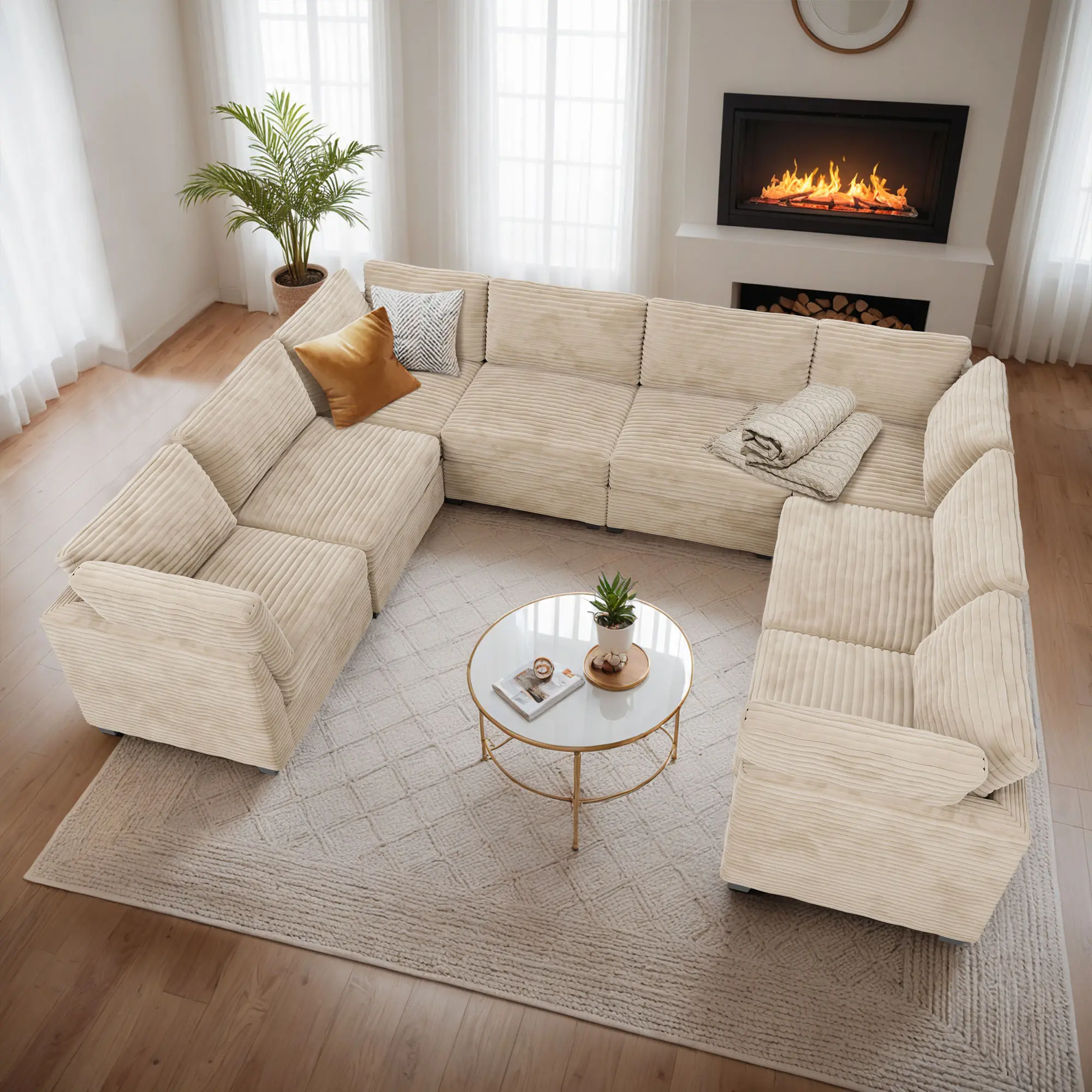 U-Shape Sectional Sofa Couch Modern 8-Seat Sofa Plush Corduroy Upholstered Covertible Couch for Living Room, Reception Room, Apartment