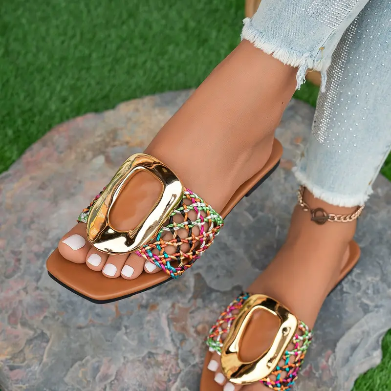 2026 new model, colorful, flat sandals, Flats Sandals, Daily Wear Sandals, metal buckle decorations, woven, square-headed, one-strap, flat-bottom sandals, Slip-resistant, abrasion-resistant, soft-bottomed sandals, Summer Flat Sandals Rubber