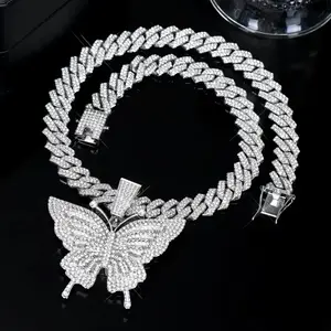Butterfly Pendant Necklace Hip Hop Jewelry Stainless Steel Iced Out Cuban Chain Necklace Party Club Street Festival Fashion Gift For Men Women Unisex Trendy Bling Statement Accessories