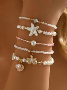 Boho Series Faux Pearl Shell Star Pendant Bracelet Set, Summer Sweet Beach Vacation Jewelry, 5 Piece Handmade Accessory, Stackable Bracelets