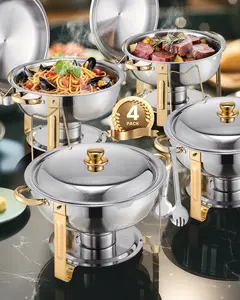 5 Qt 4 Pack Round Chafing Dish Buffet Set With Full-Size Pans, Stainless Steel Construction, Gold Finish, Chafers For Catering, Parties, Banquets, Weddings, Restaurant-Quality Serving Dishes For Home Use