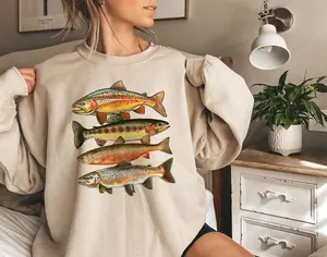 [Sale off up to 50%] Abstract Trout In a Row Sweatshirt, Fly Fishing Colorful Trout Crewneck, River Fish Sweater, Trout Species Outfit, Boho Fishing, Graphic Streetwear shirt