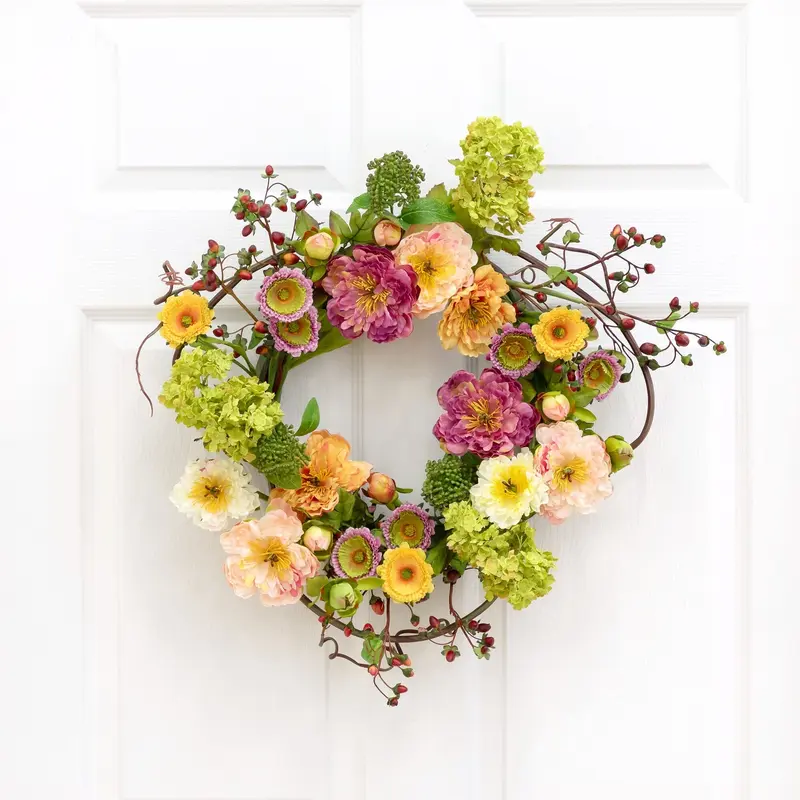 24-Inch Round Decorative Artificial Mixed Peony Wreath - 3D Floral Arrangement, Maintenance-Free Unique Casual Home Supply, Front Door Entryway Decor, Artificial Flower Accent