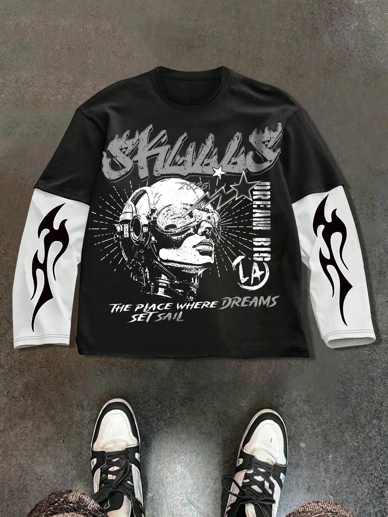 Men's Long Sleeve Knit Mock Two-Piece Shirt with Graphic Mechanical Figure Print, Dark Trendy Style for Daily & Casual Gatherings, Top