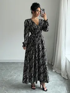 Women's All Over Print Belted Wrap A Line Dress, Casual Comfy Classy Chic Fitted Elegant Flounce Sleeve V Neck Long Sleeve Dress for Spring & Fall, Women's Clothing for Daily Wear