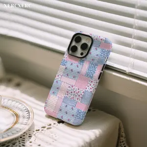 Patchwork Floral Pink Blue Polka Dot Stripes Phone Case, 2 - in - 1 PC Hard + TPU Soft (Matte/Glossy) Cover Phone, Matching Phone Cases as Gift, Funda Para Phone Case for iPhone 11 12 13 14 15 16 16e 17 Pro ProMax Air,Galaxy S26 S25 A56 A55 A17 A16