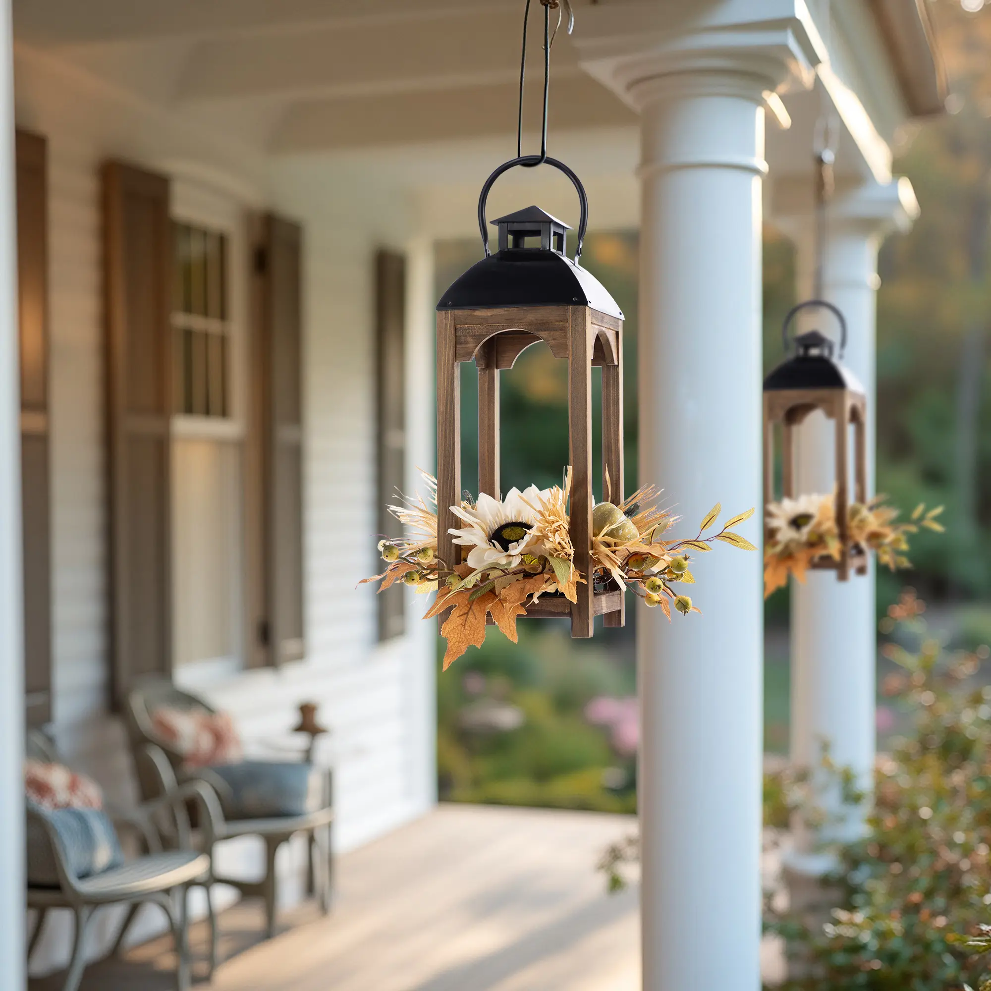 Glitzhome 20"H Fall Neutral Sunflower, Pumpkin and Leaf Wood Lantern Centerpiece - Home Goods Decor for Table, Hanging Metal Accent