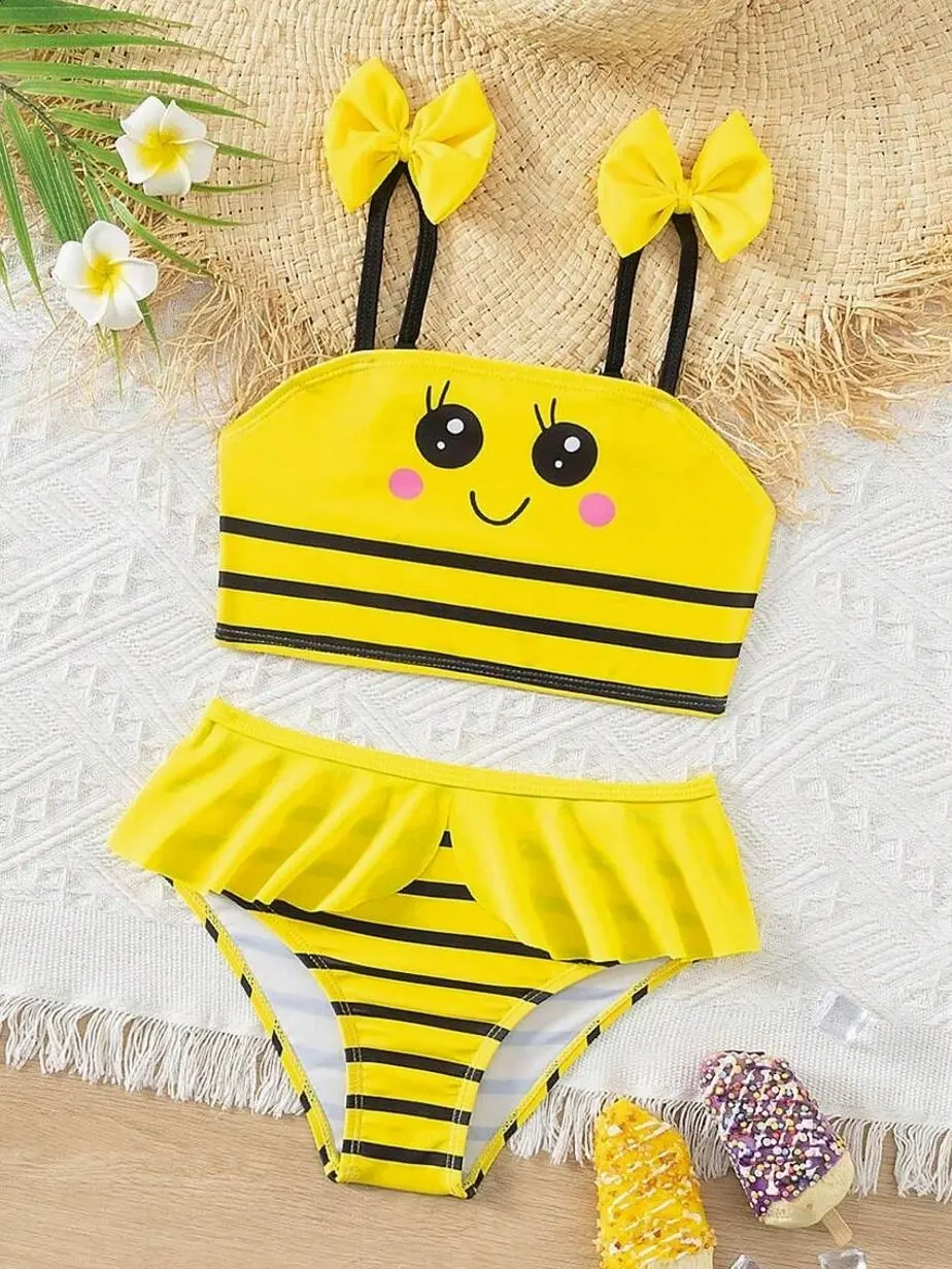 Girls Color-Block Striped Cartoon Bikini Set, Two-Piece High-Waisted Swimsuit for Beach Vacation