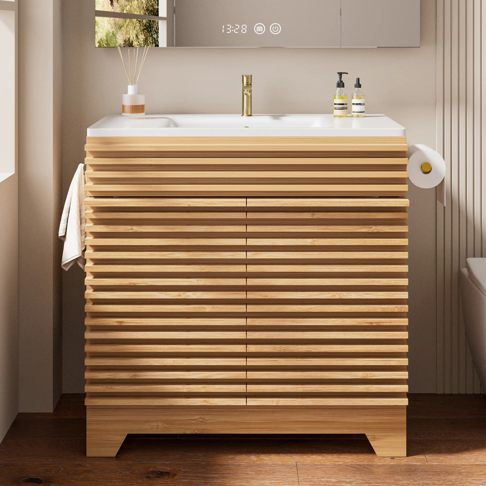 32 Inch Bathroom Vanity with Ceramic Sink - Freestanding Modern Bathroom Storage Vanity Cabinet with Fluted Design, Soft-Close Doors, Shelves, Toilet Paper Holder & Towel Hooks, Natural Oak