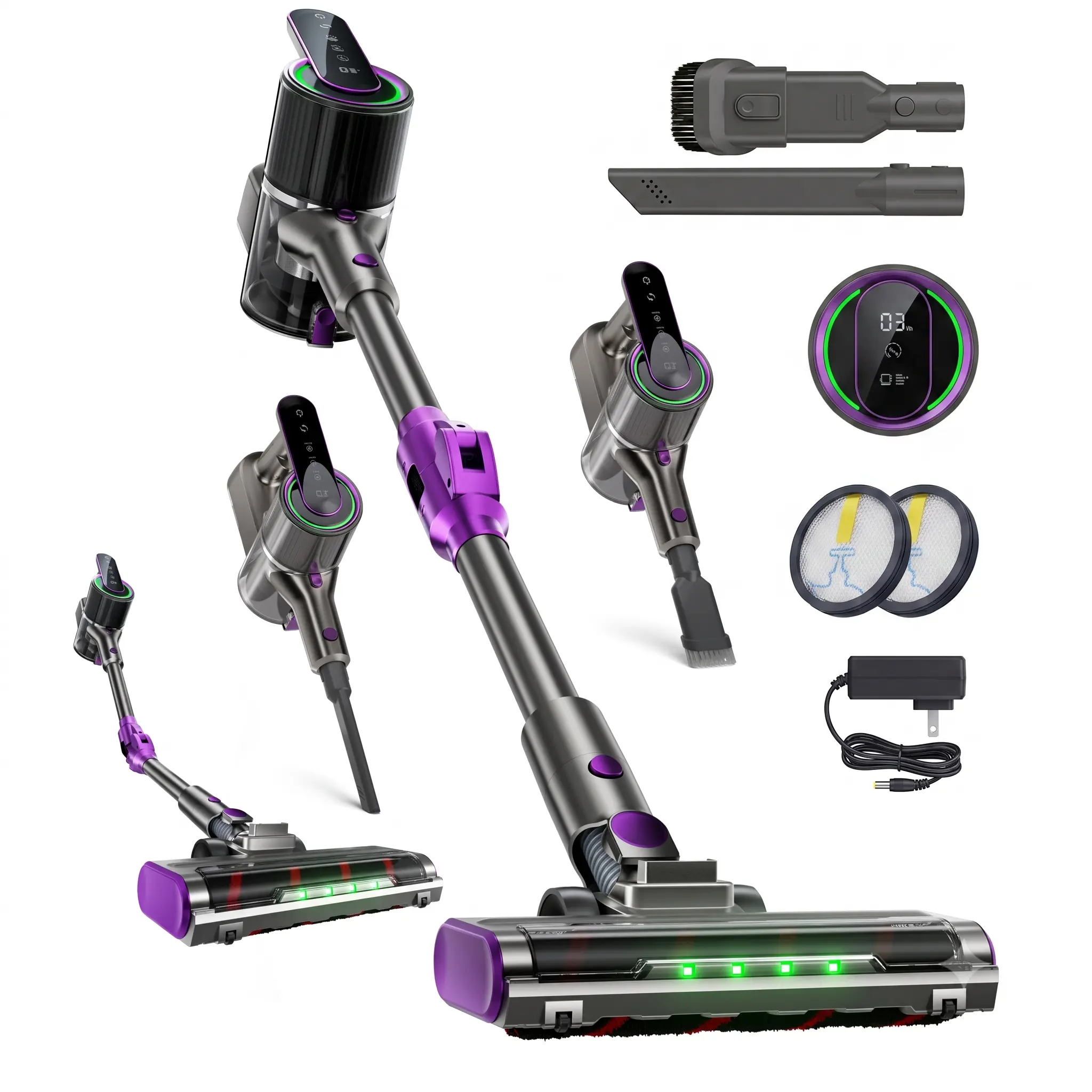 55kPa Powerful Cordless Stick Vacuum Cleaner, 70 Mins Long Runtime Handheld Vacuum with LED Smart Display, 8-in-1 Self-Standing Lightweight Vacuum, Anti-Tangle Brush Ideal for Pet Hair, Hardwood Floors & Carpet