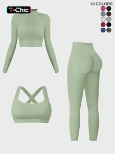 Women's Solid Criss Cross Crop Tank Top & High Waist Leggings & Zip Up Crop Jacket Tracksuit Set, Breathable Comfy Fitness Sport Outfits, Workout Casual Wear, Running Clothes for Yoga Gym Running