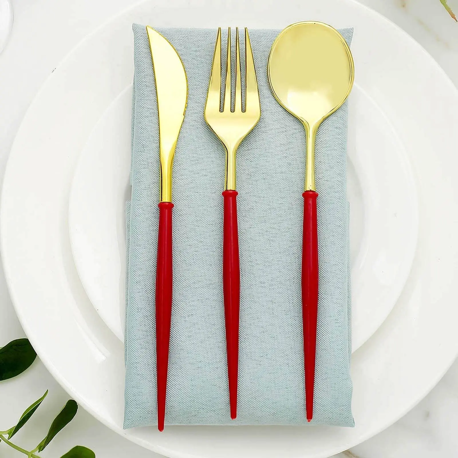 24-Pack Heavy Duty Disposable Plastic Flatware Set - 8" Gold Cutlery with Red Handles, Ideal for Banquet, Casual & Formal Dinner, Wedding Use