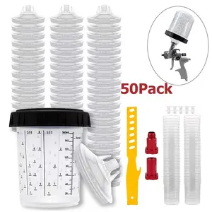 50pcs Disposable Paint Spray Gun Cup Liners And Lid System with 50pcs Paint Cups with Lids, Hard Cup with Retainer Ring, 2 Cup Adapter, Paint Stirrer, for Automotive Paint Gun