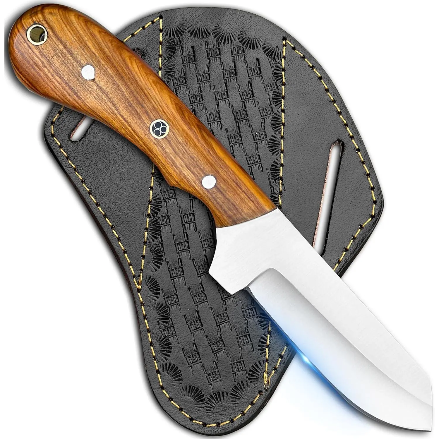 8"Cowboy Knives with Leather Sheath -  Sharp Handmade Steel Bull Cutter Knife - EDC Fixed Blade Hunting Knife for Skinning, Camping, Bushcrafting and Outdoor Activities, white, brown