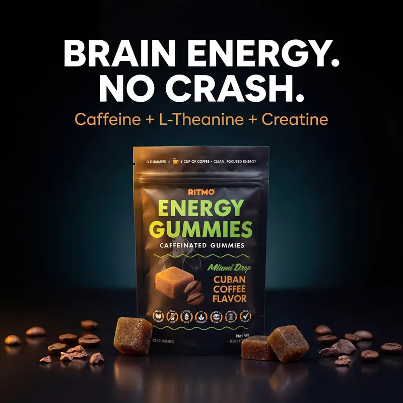 RITMO Brain Energy Gummies – Caffeine + L-Theanine + 750mg Creatine – No Crash, Calm Focus | Cuban Coffee Nootropic Brain Health Supplement for Adults | Vegan, Low Sugar, Made in USA | 15ct Trial Pack