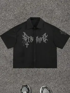 Men's Gothic Cross Rhinestone Zipper Short Sleeve Shirt, Punk Style Screen Print, Streetwear, Music Festival, Outdoor Activities