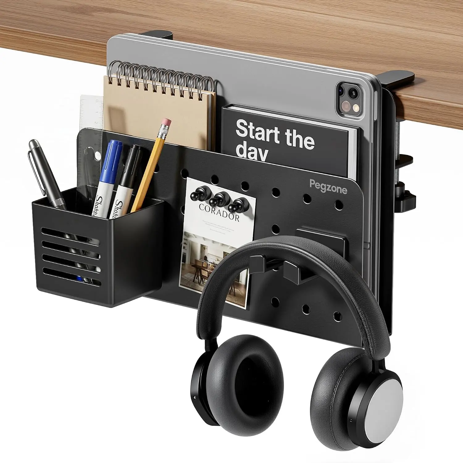PEGZONE Multi-Functional Office Desk Organizer, No-Drill Under-Desk Laptop Holder with Pegboard Accessories, Clamp-On Shelf Hanging Mount, Anti-Slip Pad, Fits 0.4"-2.2" Flat Edges, TikTokShopBackToSchool