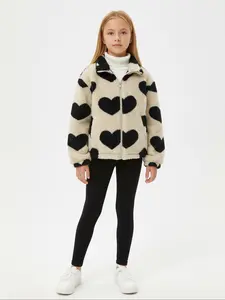 Young Girls Heart Print Jacket Warm Fuzzy Coat for Outdoor Use, Stylish and Cozy Outerwear for Kids, Perfect for Cold Weather, Thick Heavy Coats, Casual Comfy Jacket