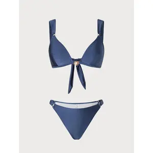 Blue Trimmed Vintage Bikini Set 2026 Summer New Arrival Square Neck Two Piece Bikini Set Wide Fixed Straps Tummy Control High Cut Briefs Soft Stretch Quick Dry Anti Fade Anti Chlorine Women Seaside Pool Vacation Bathing Suit