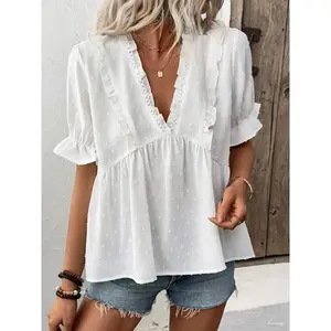 Women’s printed ruffled-sleeve pleated shirt, summer casual V-neck top, women’s everyday wear, ShirtGARMENTARY