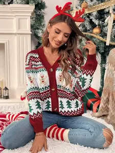Women's Christmas Tree & Geometric Pattern Sweater Knitwear, Fashion Long Sleeve Top for Holiday Style, Perfect Winter Comfortable