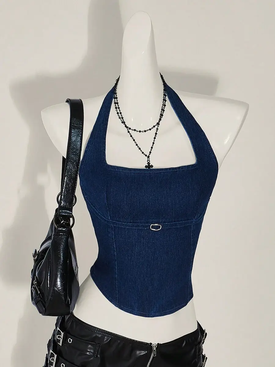 JEANDY Women's Casual Minimalist Open Back Halter Denim Top, Y2k Clothes Women