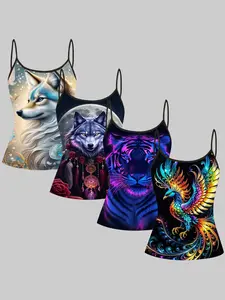 Women's Sleeveless Italian Shoulder Strap Tank Top Set, Phoenix Wolf Digital Print Casual All-Season Wear, Slim Fit Design