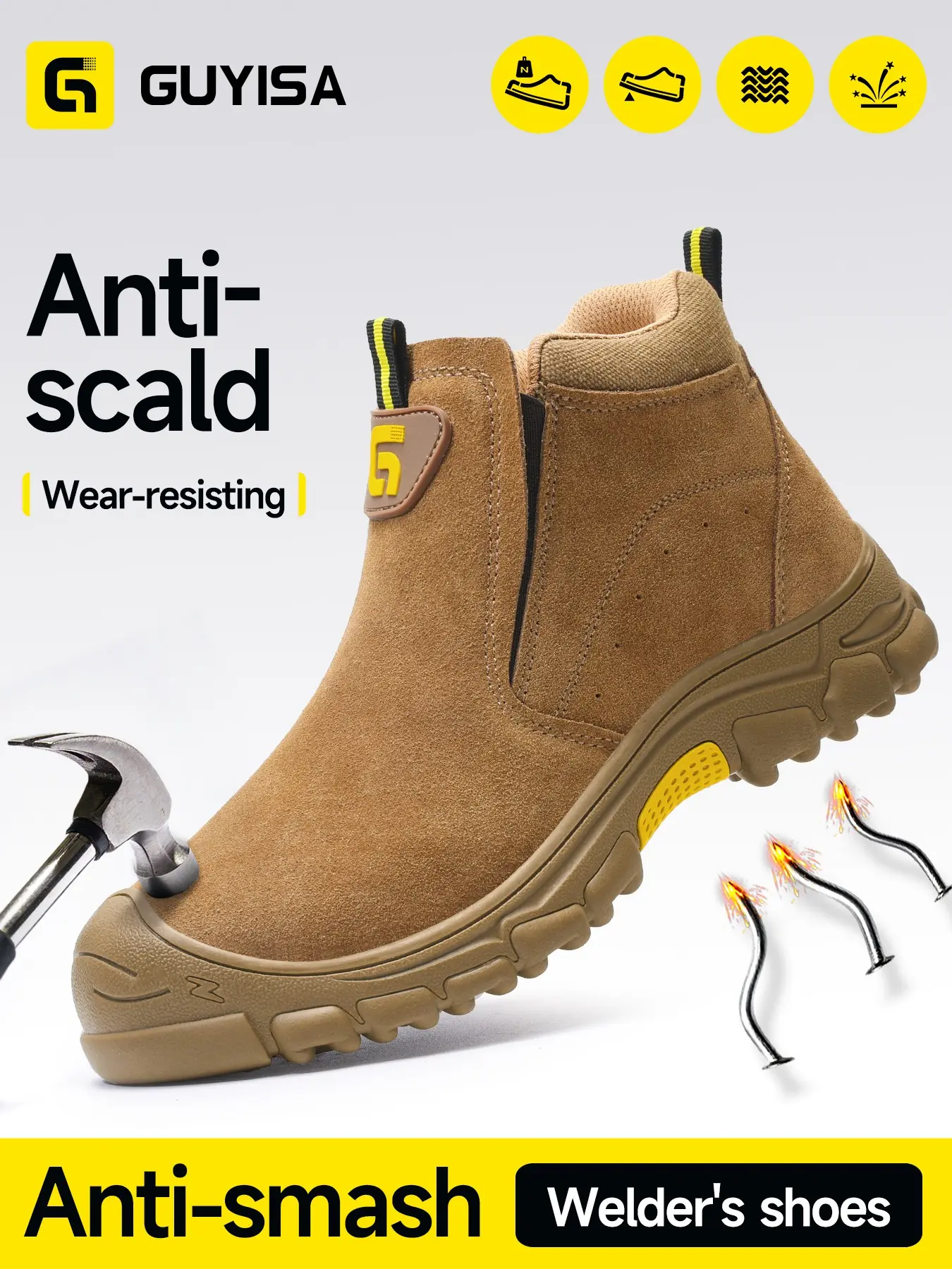 Guyisa Welder Series Safety Shoes, Steel Toe Safety, Genuine Leather Suede Lining, Fireproof Insulated Breathable Non-Slip Rubber Sole