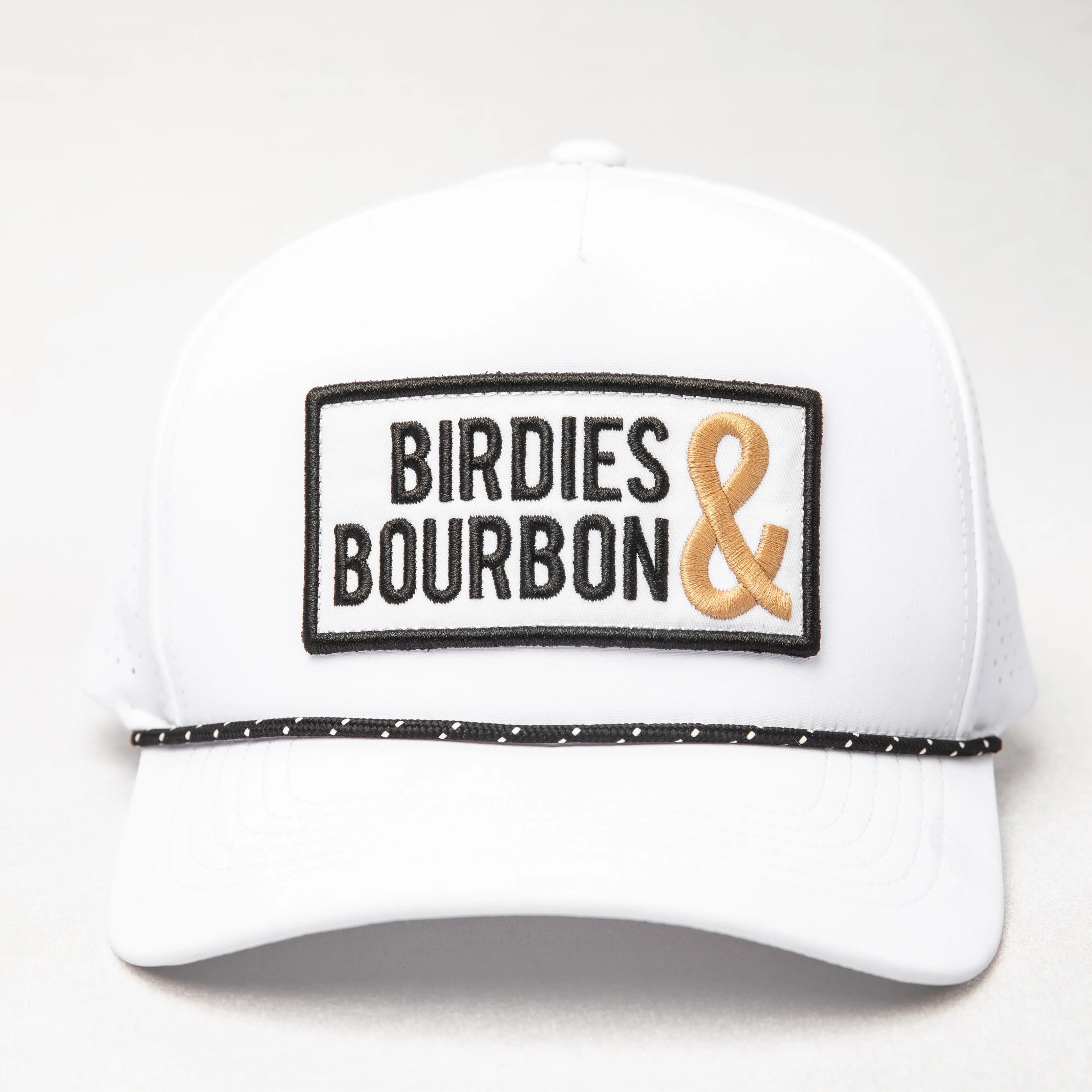 Birdies & Bourbon All Seasons White Trucker Hat with Black and Gold Embroidery