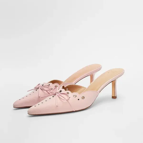JUSTFAB Women's Elegant Eco Leather Heeled Mules - Kitten Heels, Pointed Toe Slip-On, Scalloped Edge Topline, Bow Detail, Narrow-Friendly Dress Shoes for Date Nights, Fall Summer Fashion (Wide Feet PLS SIZE UP)sohochic