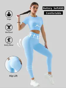 Women's Solid Tracksuit Set, Stretchable Activewear, Sport Raglan Sleeve Crop Top & High Waist Leggings, Summer Clothes Women, Women Tracksuits for Summer