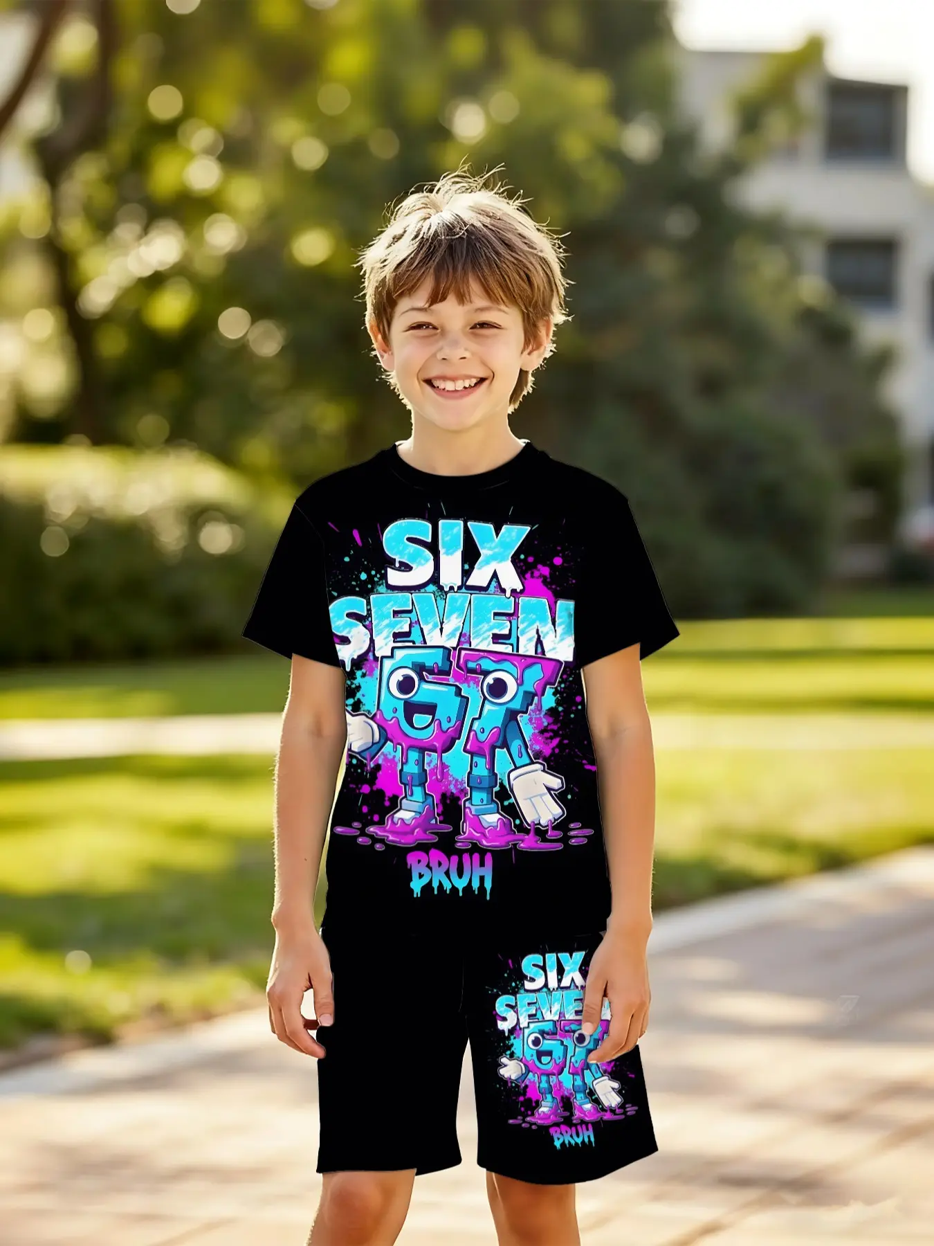Boys' Fashion Outdoor Sports Summer Clothes Kids Clothing Colorful Digital Print Short Sleeve Shorts Set, Casual Fitted Two-Piece，sixseven
