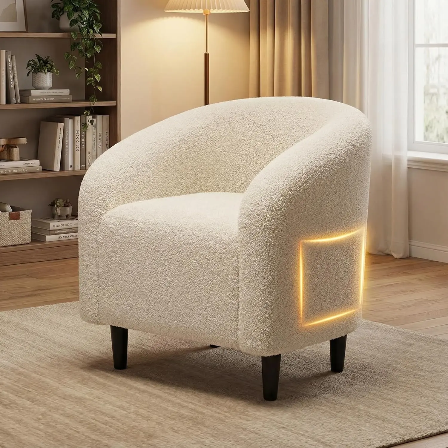 Arlopu Modern Accent Barrel Chair, Comfy Teddy Fabric Club Armchair with Side Pocket, Easy Assembly Living Room Corner Chair for Bedroom, Office, Reception Space, Black/White homeessentials