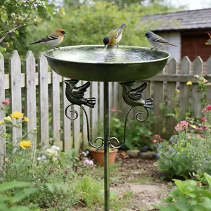 Green Patina Metal Bird Bath with Stake, Freestanding Bird Feeder Bowl with Bird Sculptures, Outdoor Weather Resistant Garden Decor for Wild Birds, Vintage Yard Art for Patio, Lawn & Backyard, Bird Supplies