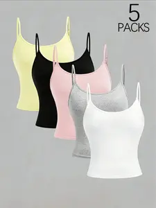 5 Packs Women's Basic Cami Tops, Y2K Sexy Slim Fit Camisole, Adjustable Spaghetti Straps, Stretchy Fabric, Plus Size Friendly, Daily Wear