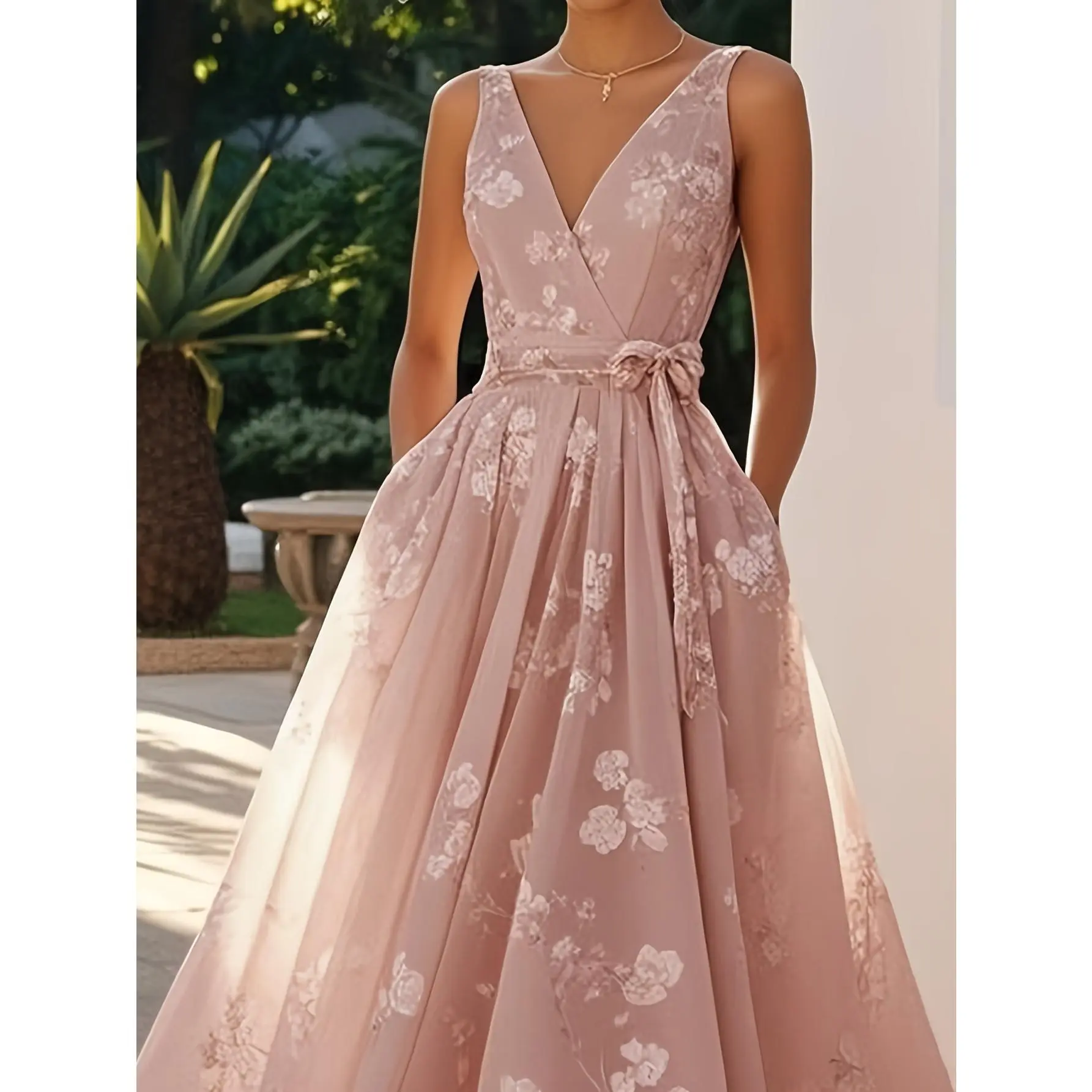 Lady's Polyester Knit Solid Elegant Blush Pink Floral Print Off-Shoulder V-Neck Long Sleeve Waist-Cinched Formal Wear Evening Gown, Wedding Guest Formal Ball Dress for Special Occasions, Women