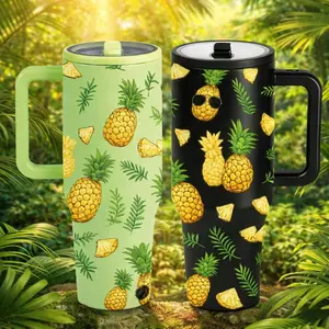1 Pc 40oz Insulated Mug, Pineapple Tropical Pattern Thermal Mug With Handle And Lid, Double Wall Vacuum Cup, Leak Proof, Portable Travel Mug For Car Cup Holder, Keeps Hot 12 Hours Cold 24 Hours, Thermal Cup For Iced Coffee Tea Water, Summer Gift
