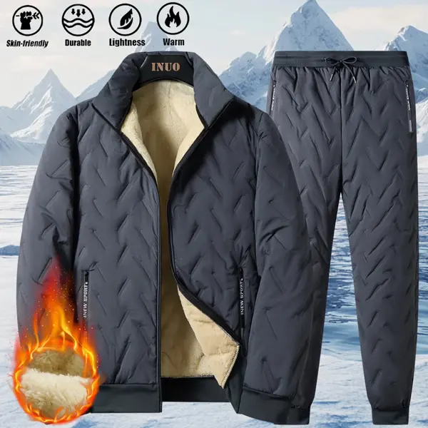 2 Piece Set Plus Size Cotton Jacket and Jogger Pants Set - Thick Warm Winter Clothing, Machine Washable Casual Wear, Middle-aged and Young Men's Apparel, Cozy Fleece Lining, Relaxed Fit with Pockets, Zipper Closure Design, Suitable for Casual Outings and