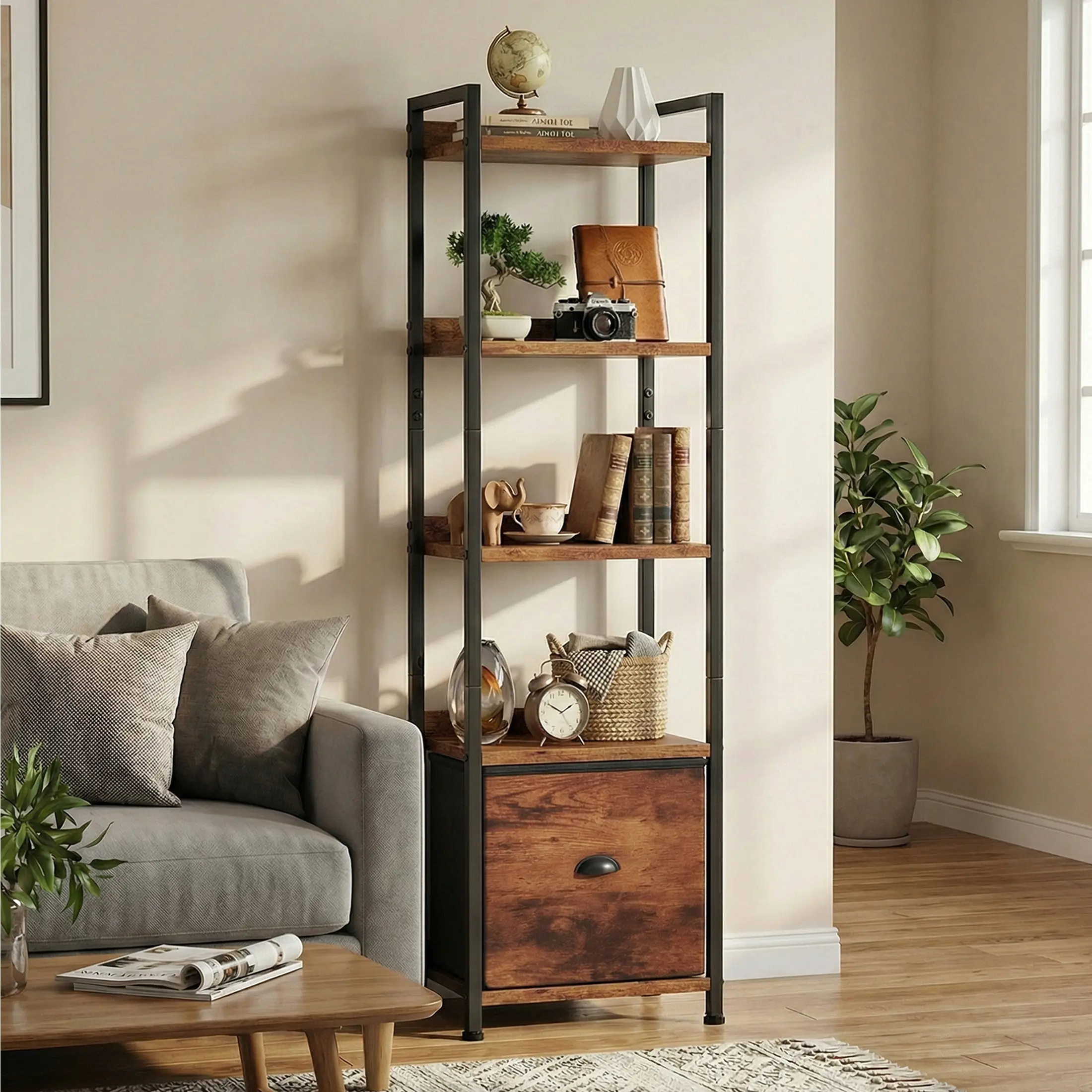 Modern Slim Bookshelf with Fabric Drawer – Tall Narrow Wood & Metal Storage Unit, Space-Saving for Living Room Bedroom