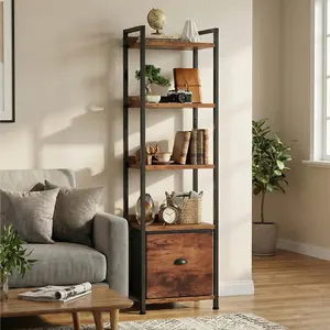 Modern Slim Bookshelf with Fabric Drawer – Tall Narrow Wood & Metal Storage Unit, Space-Saving for Living Room Bedroom