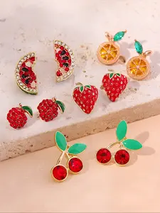Women's Fruit-Themed Earrings Set, Sweet Watermelon Lemon Strawberry Apple Design, Fruit Motif Earrings, Unique Colorful Candy Style Jewelry for Women, Ear Studs, Fruit Veggie Earrings