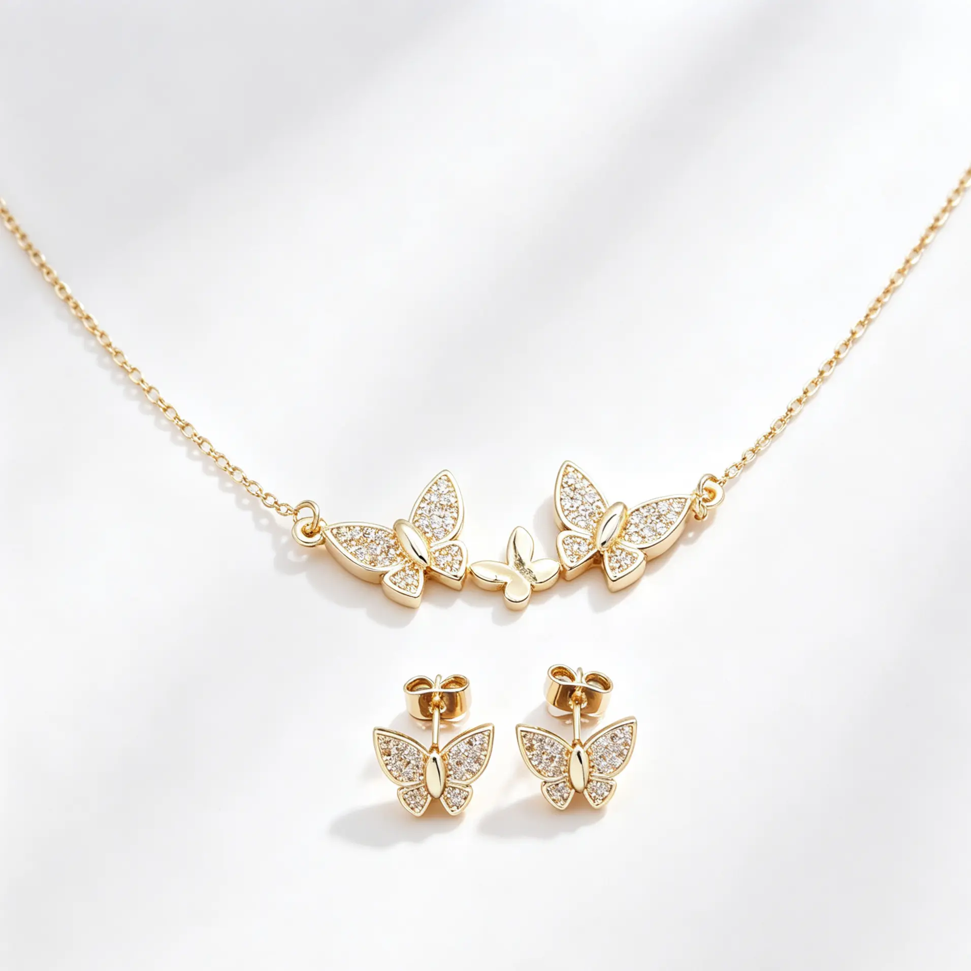 Sparkly Gold Butterfly Necklace & Earrings Set | Dainty Micro-Pave Cubic Zirconia Jewelry for Everyday Elegance
