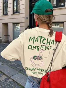 Women's Casual Fashion Short T-Shirt, Retro Street Style "Matcha Club Lover" Graphic Print, Versatile Casual Everyday Tee, Womenswear, Perfect For Morning Matcha Rituals
