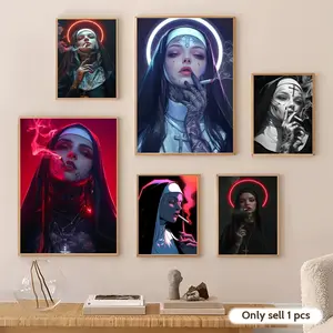 S-Smoking Nun Girl Painting Calligraphy Gallery-Quality Canvas Wall Art Poster | Waterproof & Fade-Resistant | Minimalist Unframed Design | Living Room, Bedroom & Office Decor | Multiple Sizes | Holiday gifts